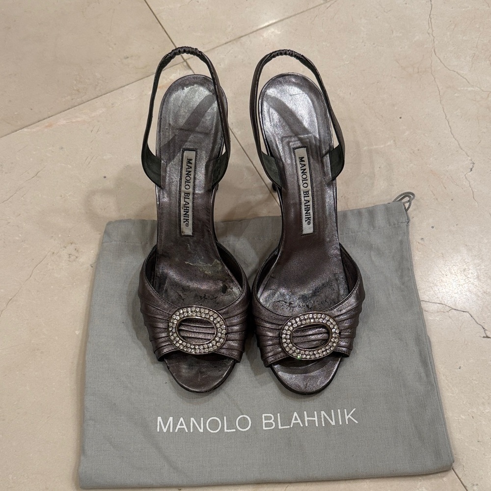 Manolo Blahnik Metallic Bronze Slingback Heels with Crystal Buckle